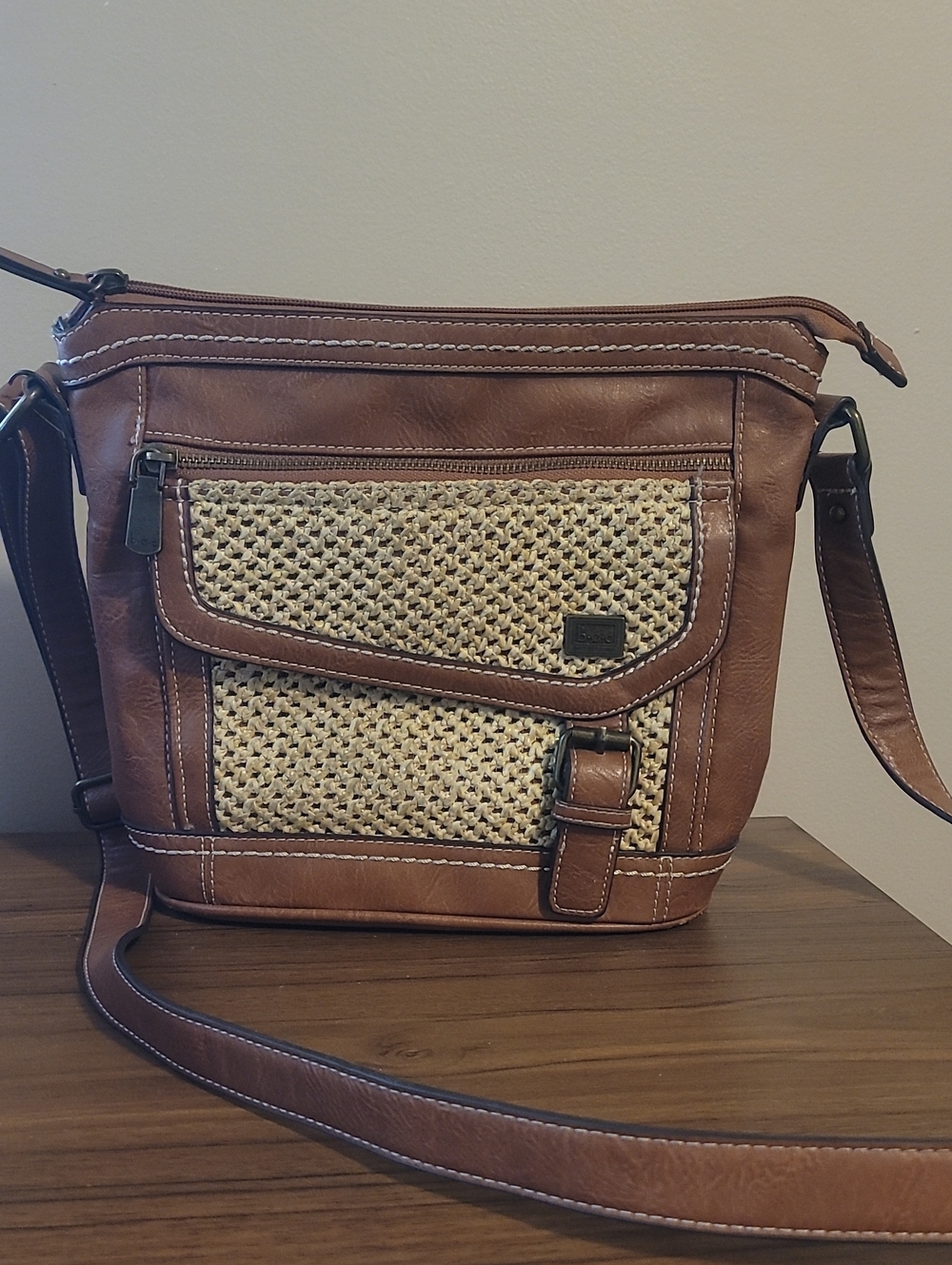 Brown Woven-Front Crossbody Bag - Womens